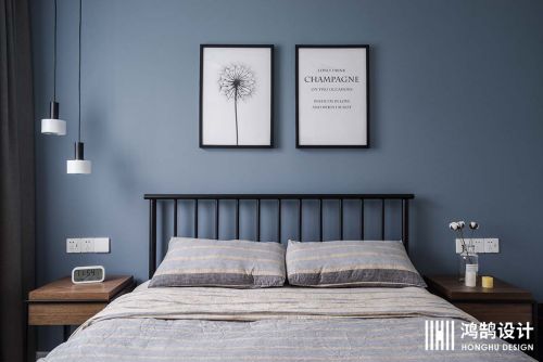 蓝色北欧极简卧室床头柜1装修效果图2018鸿鹄最受欢迎作品，半包