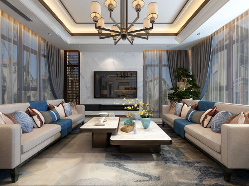 中式客厅家装客厅窗帘501-1000m²别墅豪宅中式现代家装装修案例效果图
