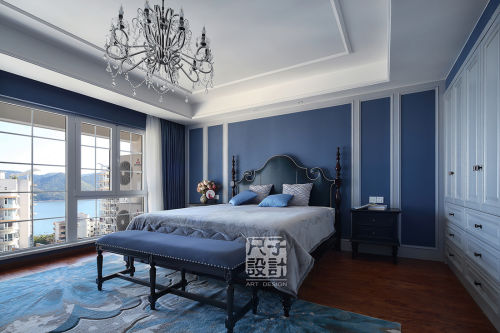欧式【尺子室内设计】蓝色郡城|道不尽的优雅与品质卧室设计卧室窗帘