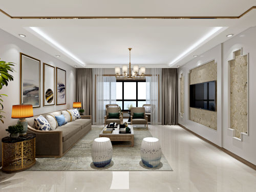 客厅装修效果图平中式二居客厅装饰美图121-150m²二居新中式家装装修案例效果图