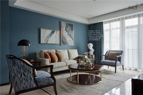 客厅窗帘装修效果图温馨94平美式四居装修装饰图