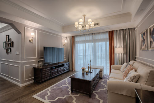 客厅窗帘装修效果图简洁98平美式三居客厅设计效果