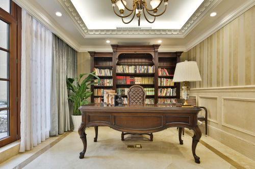 功能区书柜装修效果图好看的美式风格别墅书房设计