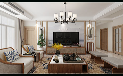装修效果图简洁158平中式三居客厅实景图151-200m²三居新中式家装装修案例效果图