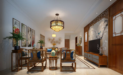 客厅装修效果图优雅86平中式二居客厅图片欣赏81-100m²二居新中式家装装修案例效果图