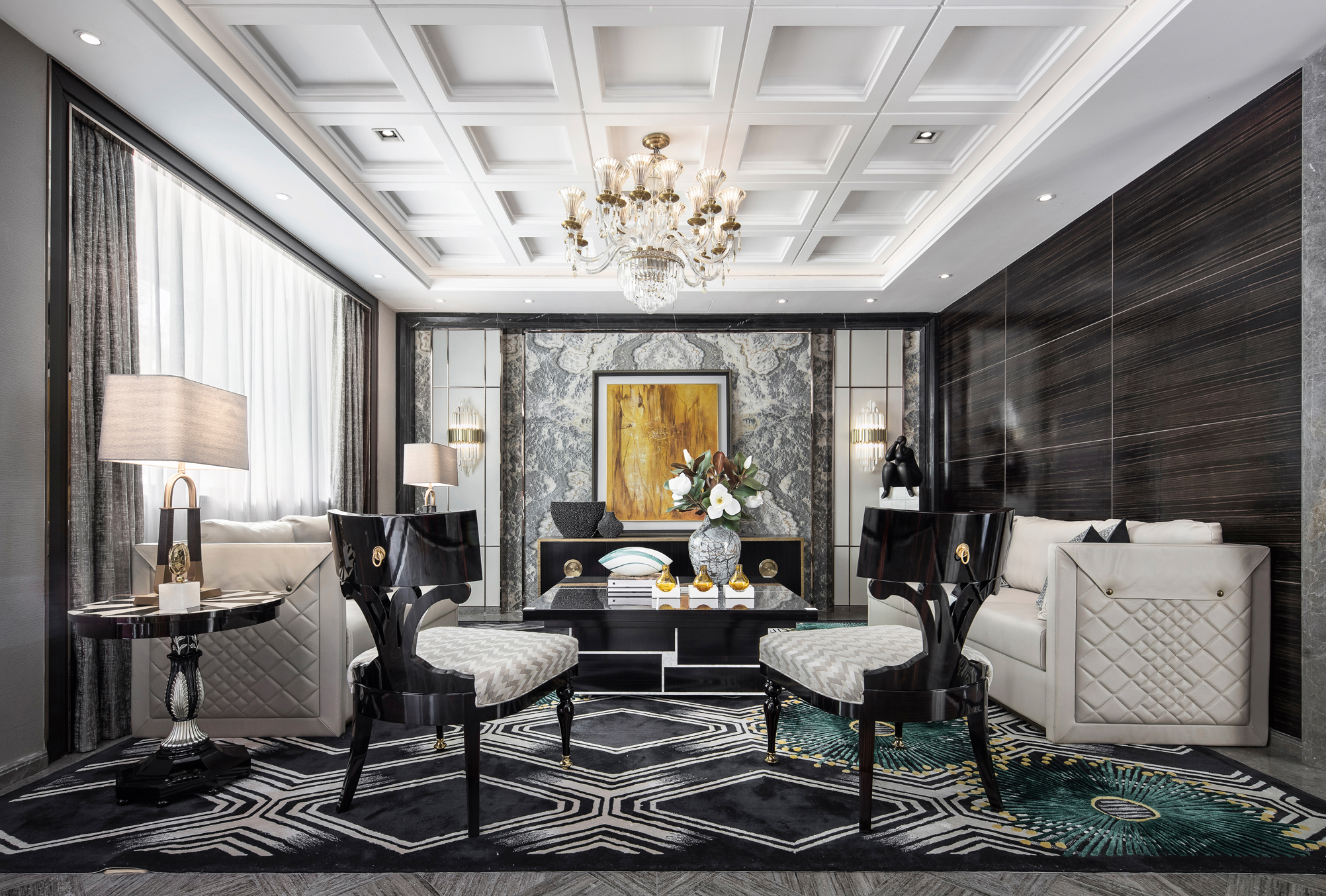 客厅窗帘装修效果图精致215平新古典别墅客厅效果美式客厅设计图片赏析