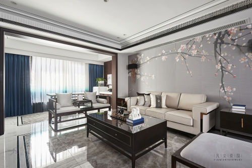 华丽55平中式复式客厅装修效果图客厅窗帘