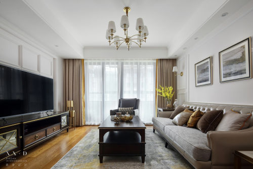 客厅窗帘装修效果图浪漫84平美式三居客厅美图