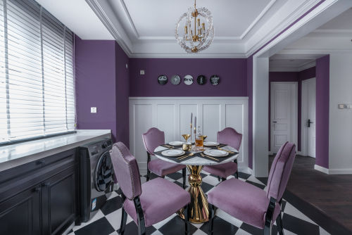 紫色厨房窗帘装修效果图轻奢混搭二居餐厅储物柜设计