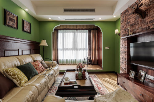 绿色美式经典客厅沙发2装修效果图精美72平美式三居客厅装修设计