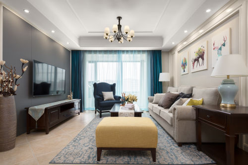客厅窗帘装修效果图明亮110平美式三居客厅效果图美式经典家装装修案例效果图