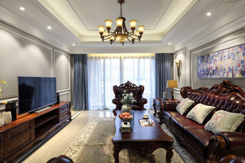 客厅窗帘装修效果图浪漫73平美式复式客厅设计案例