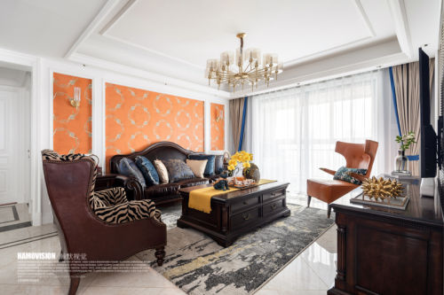 客厅窗帘1装修效果图精美82平美式三居客厅装修案例