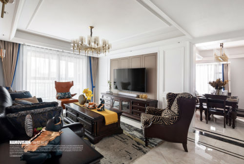 客厅窗帘装修效果图简洁125平美式三居客厅装饰图