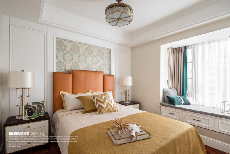 卧室窗帘装修效果图爱马仕橙美式次卧设计图美式卧室设计图片赏析