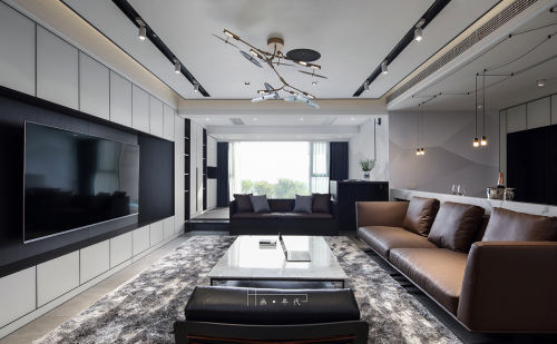 灰色现代简约客厅窗帘装修效果图240平现代客厅吊灯实景图
