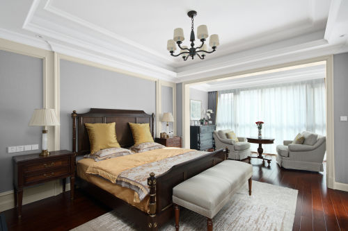 卧室窗帘装修效果图温馨908平美式别墅卧室装修图