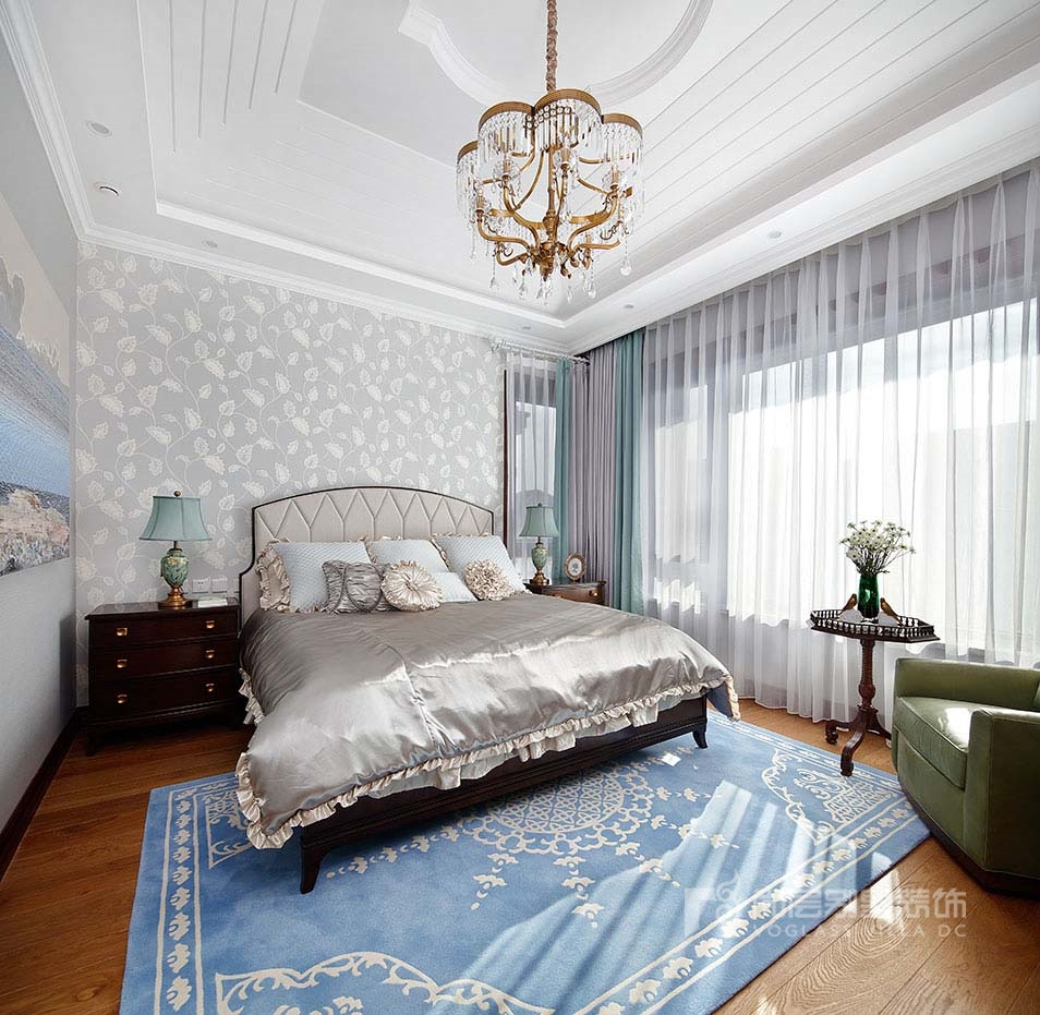 卧室窗帘装修效果图460平新中式别墅装修实景案例新中式卧室设计图片赏析