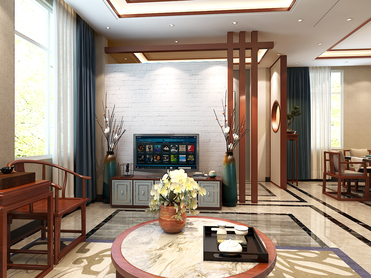 客厅窗帘装修效果图简洁618平中式别墅客厅实景图新中式客厅设计图片赏析
