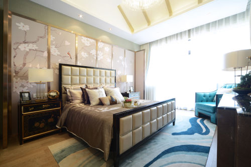卧室窗帘装修效果图温馨133平中式四居卧室案例图