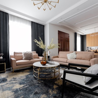 现代自建别墅客厅沙发实景图