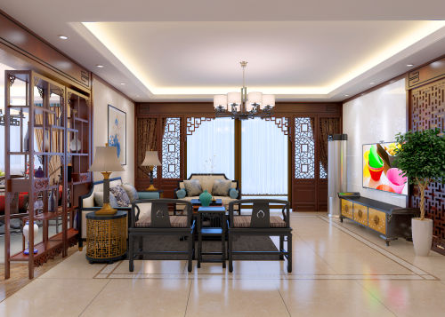 装修效果图优美153平中式复式客厅装饰美151-200m²复式新中式家装装修案例效果图
