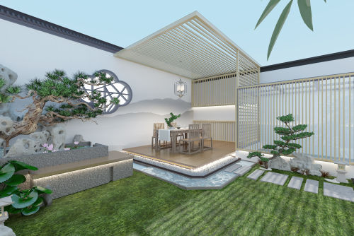 绿色中式现代功能区沙发装修效果图悠雅368平中式别墅花园装修图