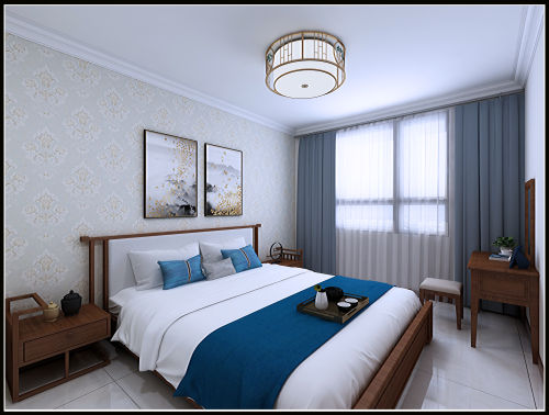 卧室窗帘装修效果图简洁85平中式三居卧室装修设计