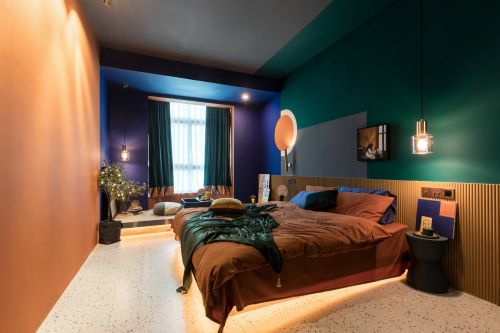 橙色卧室窗帘装修效果图质朴74平混搭二居卧室案例图