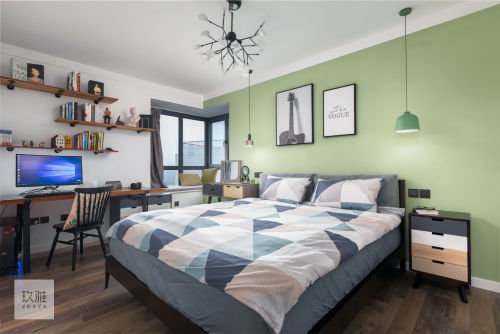 绿色卧室窗帘2装修效果图新北欧风主卧设计图片