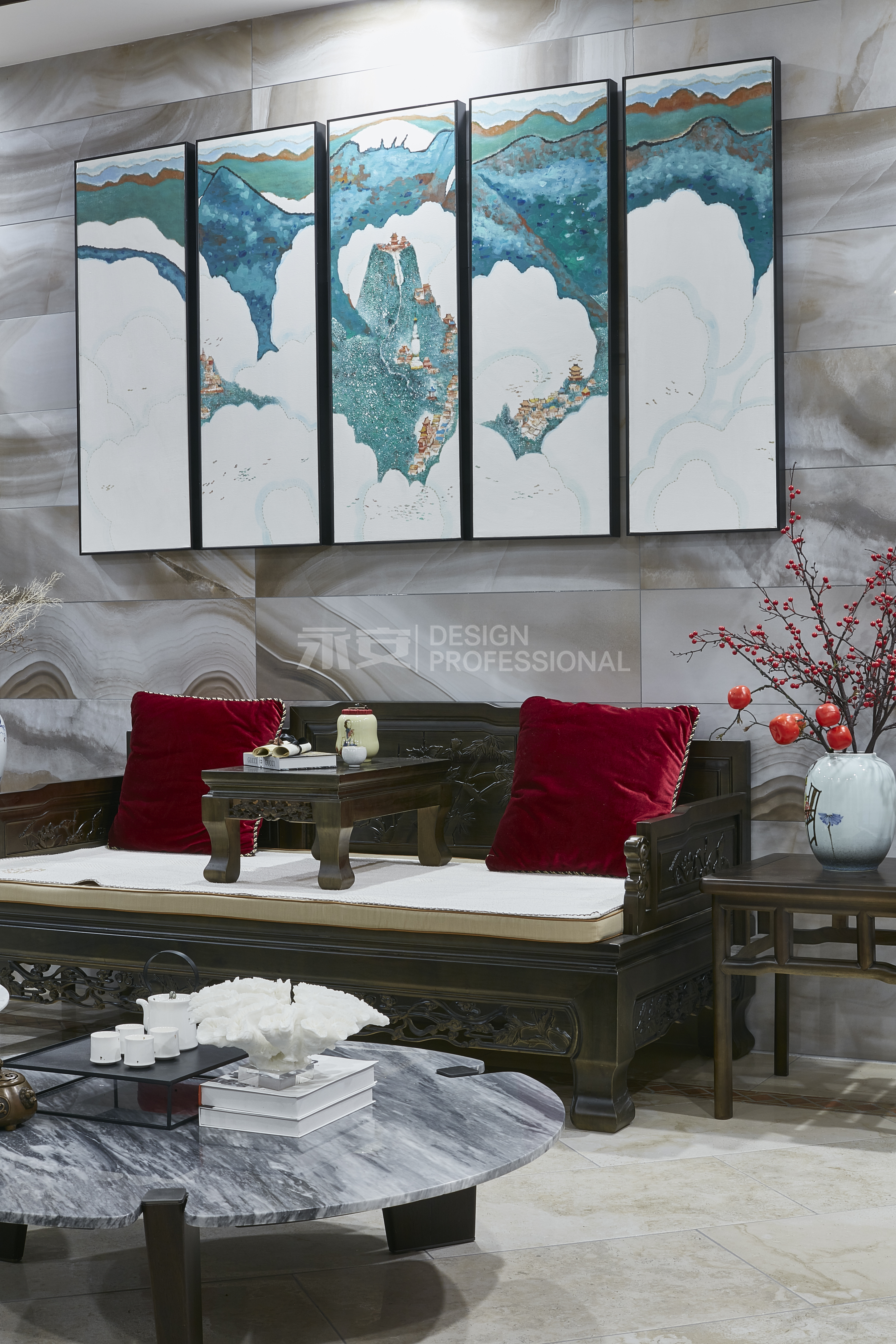 客厅沙发3装修效果图600㎡新中式别墅休闲区装饰画新中式客厅设计图片赏析