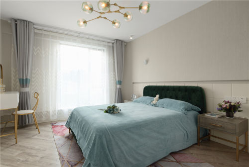 卧室窗帘装修效果图蒂芙尼蓝色现代风卧室设计图片