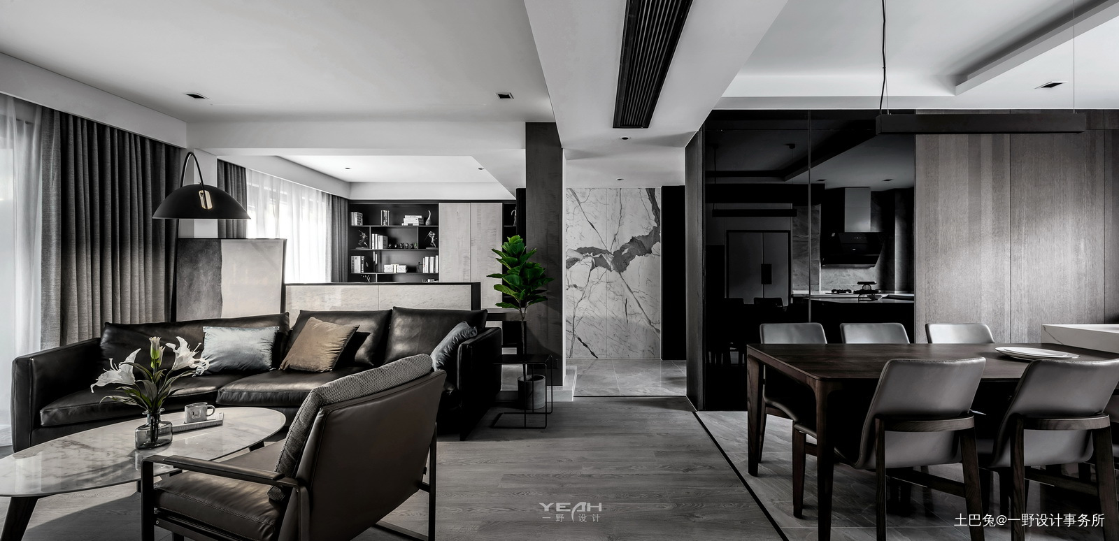 一野设计140m²现代黑白灰现代简约客厅设计图片赏析