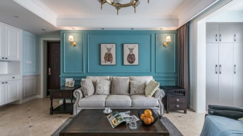 客厅木地板2装修效果图蓝色系美式客厅沙发背景墙设计
