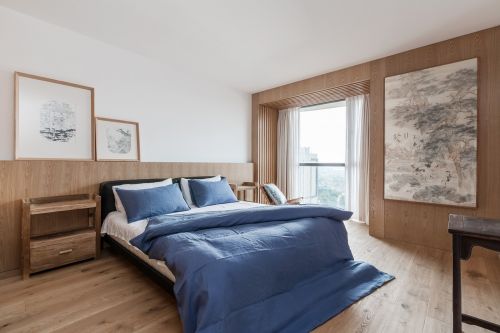 蓝色中式现代卧室床装修效果图四居中式风格主卧设计图