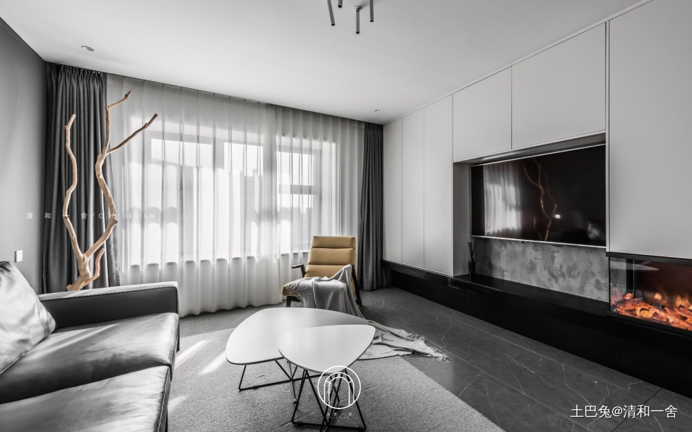 139㎡三室变两室.黑白灰的极简与生活现代简约客厅设计图片赏析