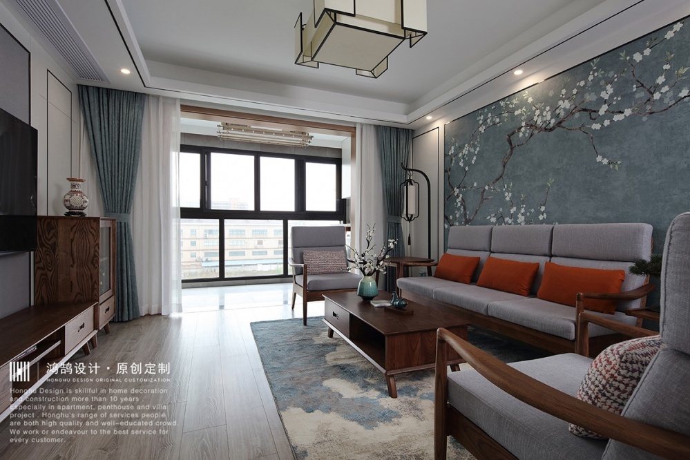 客厅窗帘2装修效果图军人的中式情怀，设计师结合现代新中式客厅设计图片赏析