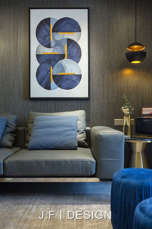 装修效果图《水天一色》现代风客厅沙发图101-120m²现代简约家装装修案例效果图