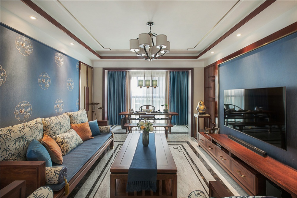 客厅窗帘装修效果图欢乐佳园装饰|中式韵味，传统色新中式客厅设计图片赏析