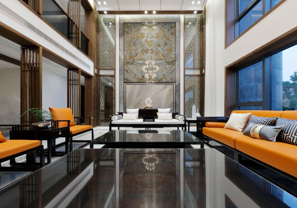 客厅窗帘装修效果图“清流派”：新中式复式大宅新中式客厅设计图片赏析