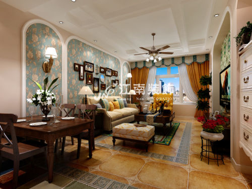 客厅装修效果图哈尔滨江南装饰公司十九街区美式60m²以下三居美式家装装修案例效果图