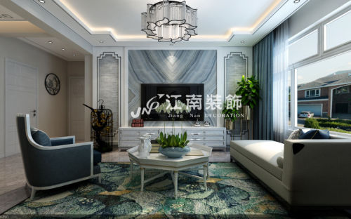 客厅装修效果图哈尔滨江南装饰公司国际花都新中三居新中式家装装修案例效果图