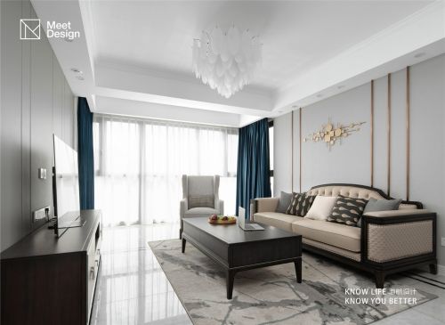 客厅窗帘装修效果图浅色系美式婚房，有你世界都亮了121-150m²三居美式家装装修案例效果图