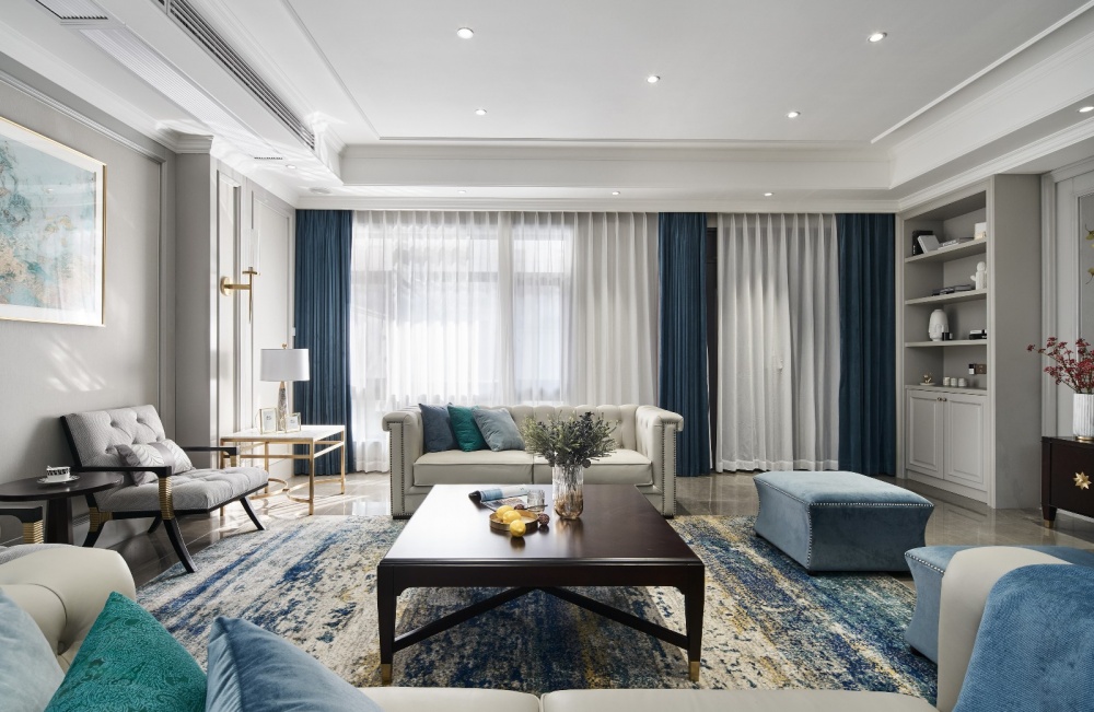 客厅窗帘10装修效果图气质灰+蓝融合美式与现代的优雅混搭客厅设计图片赏析