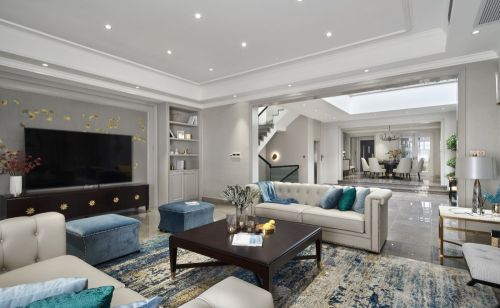客厅吊顶8装修效果图气质灰+蓝融合美式与现代的优雅
