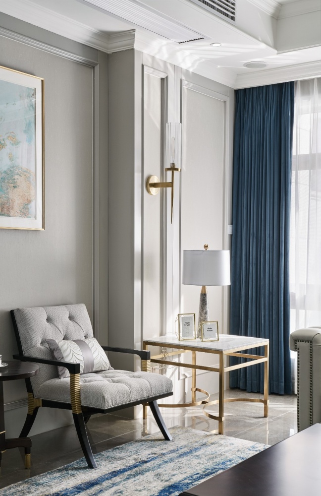 客厅窗帘4装修效果图气质灰+蓝融合美式与现代的优雅混搭客厅设计图片赏析