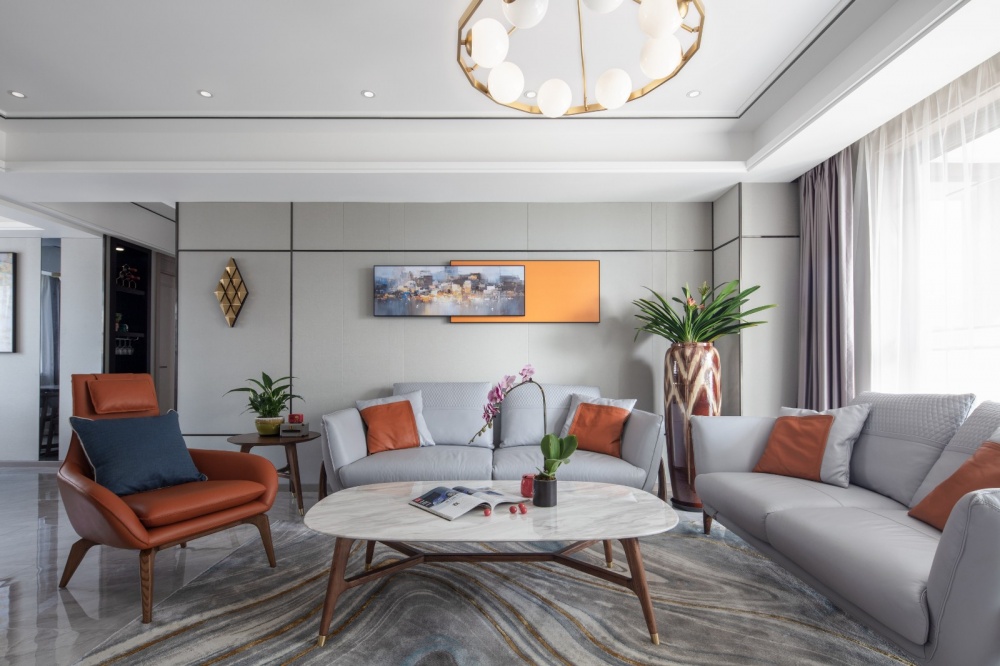 客厅窗帘装修效果图余辉设计《橙色时光，现代轻奢公现代简约客厅设计图片赏析