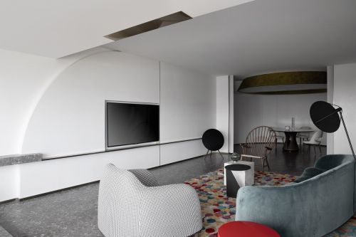 客厅装修效果图弧线与直线的交织俏皮艺术公寓151-200m²四居及以上现代简约家装装修案例效果图