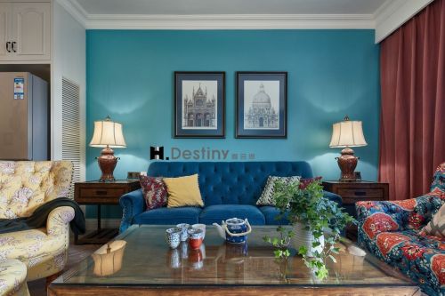 蓝色美式田园客厅窗帘2装修效果图中洲花园