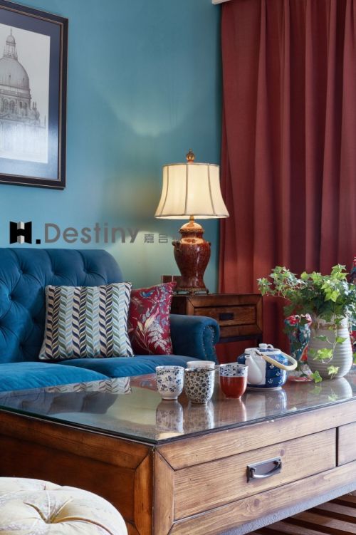 蓝色美式田园客厅窗帘4装修效果图中洲花园
